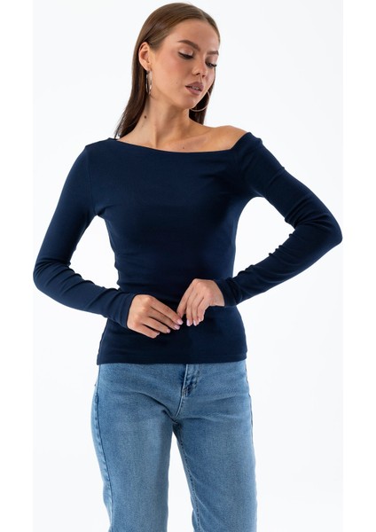 Kadın Asimetrik Yaka Uzun Kollu Basic Bluz Lacivert - MS0001283 modelleri