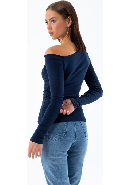 Kadın Asimetrik Yaka Uzun Kollu Basic Bluz Lacivert - MS0001283 fırsatları