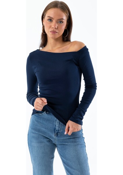 Kadın Asimetrik Yaka Uzun Kollu Basic Bluz Lacivert - MS0001283