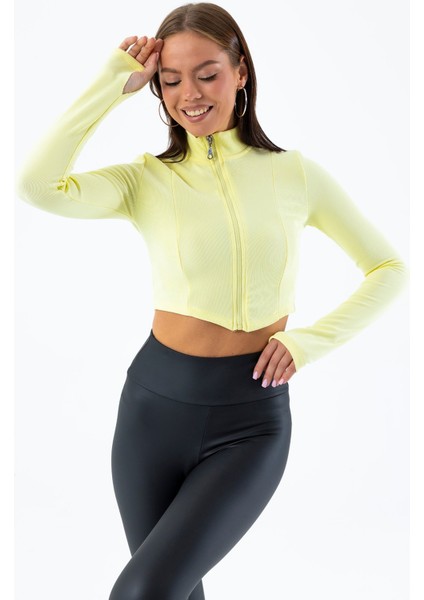 Kadın Dik Yaka Parmak Geçirmeli Fermuarlı Crop Sweatshirt Sarı - 26K 1776