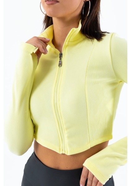 Kadın Dik Yaka Parmak Geçirmeli Fermuarlı Crop Sweatshirt Sarı - 26K 1776 fiyatları