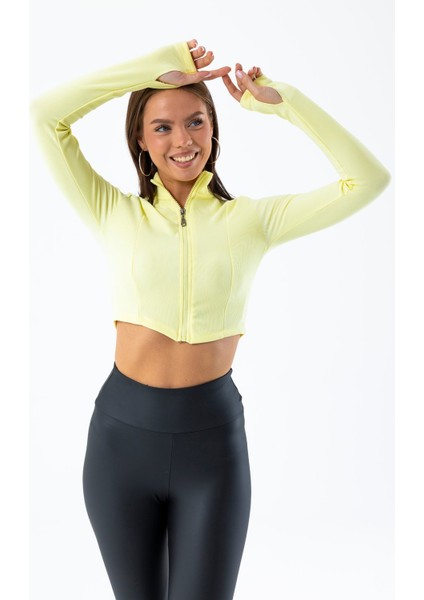 Kadın Dik Yaka Parmak Geçirmeli Fermuarlı Crop Sweatshirt Sarı - 26K 1776 modelleri