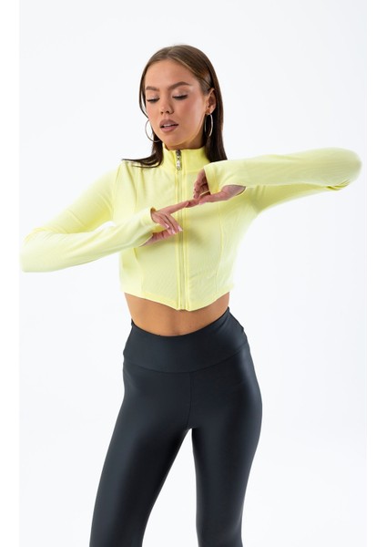 Kadın Dik Yaka Parmak Geçirmeli Fermuarlı Crop Sweatshirt Sarı - 26K 1776 fırsatları