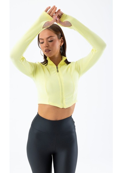 Kadın Dik Yaka Parmak Geçirmeli Fermuarlı Crop Sweatshirt Sarı - 26K 1776