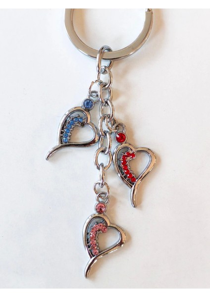 Mavi Pembe ve Kırmızıdan Camlı Kalplerden Metal Anahtarlık fiyatları