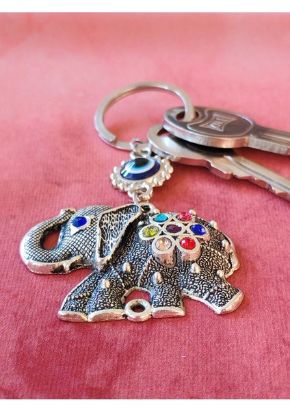 Renkli Taş Süslemeli Fil Metal Anahtarlık