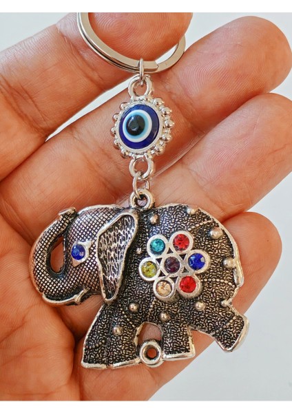 Renkli Taş Süslemeli Fil Metal Anahtarlık