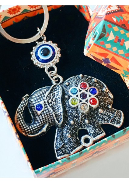 Renkli Taş Süslemeli Fil Metal Anahtarlık