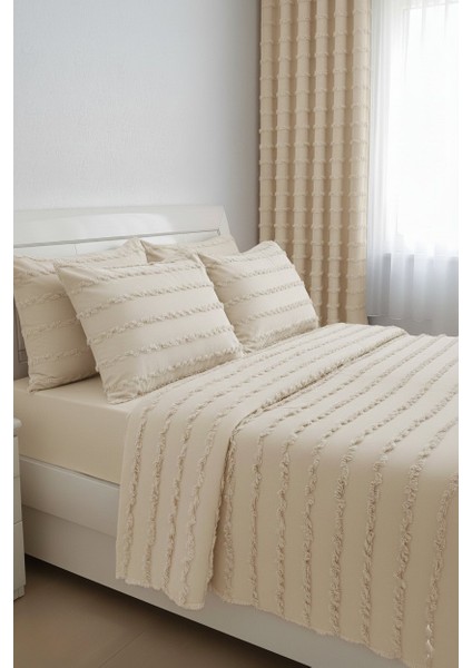 Wave Koleksiyon Iskandinav Krem Yatak Örtüsü Seti 260X250 cm + 4 Yastık Kılıfı