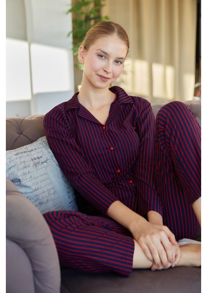 Çizgili Gömlek Yaka Süet Pijama Takımı