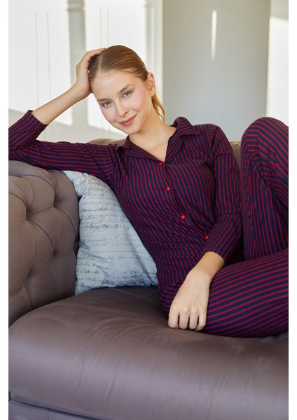 Çizgili Gömlek Yaka Süet Pijama Takımı fiyatları