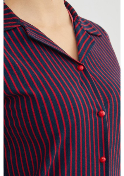 Çizgili Gömlek Yaka Süet Pijama Takımı