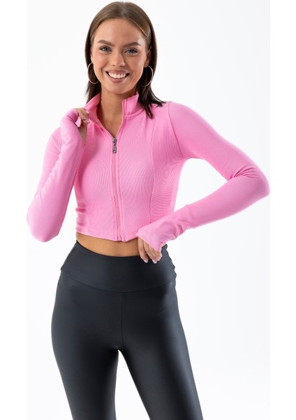 Kadın Dik Yaka Parmak Geçirmeli Fermuarlı Crop Sweatshirt Pembe - 26K 1776 fırsatları