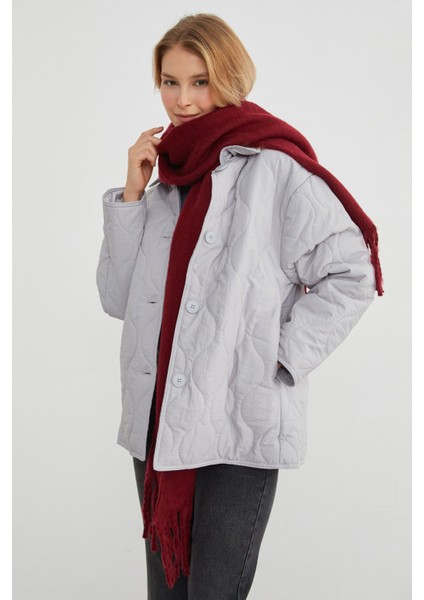 Su Yolu Desenli Kapitone Oversize Düğmeli Mont