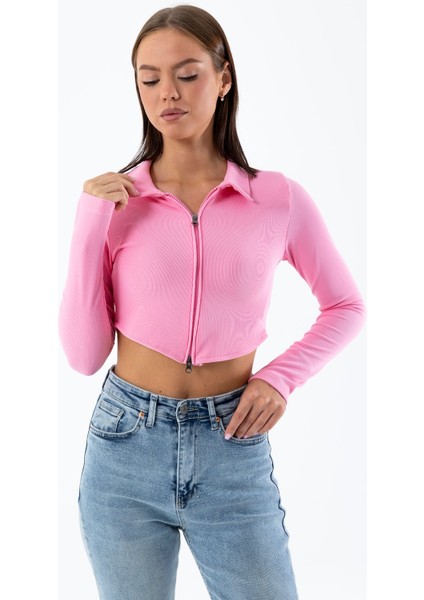 Kadın Polo Yaka Çift Fermuarlı Crop Sweatshirt Pembe - 26K 1785 fiyatları