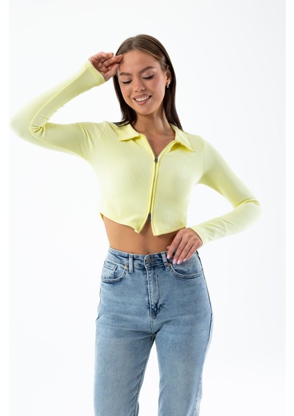 Kadın Polo Yaka Çift Fermuarlı Crop Sweatshirt Sarı - 26K 1785