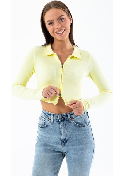 Kadın Polo Yaka Çift Fermuarlı Crop Sweatshirt Sarı - 26K 1785 fiyatları