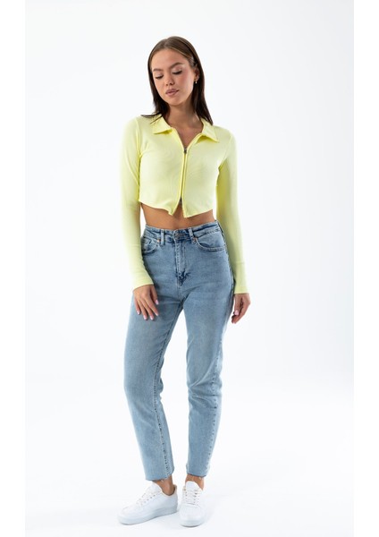 Kadın Polo Yaka Çift Fermuarlı Crop Sweatshirt Sarı - 26K 1785 modelleri