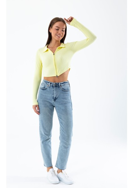 Kadın Polo Yaka Çift Fermuarlı Crop Sweatshirt Sarı - 26K 1785 fırsatları