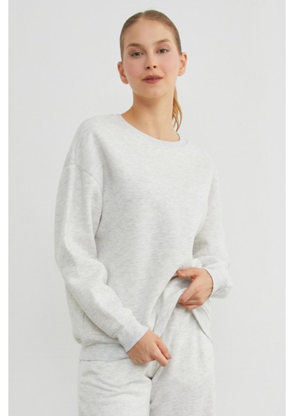 3 Iplik Kalp Baskılı Bisiklet Yaka Sweatshirt