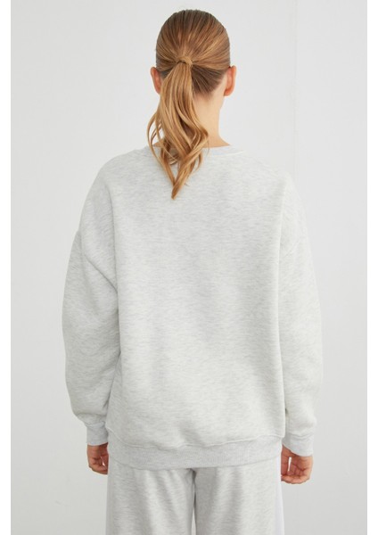 3 Iplik Kalp Baskılı Bisiklet Yaka Sweatshirt