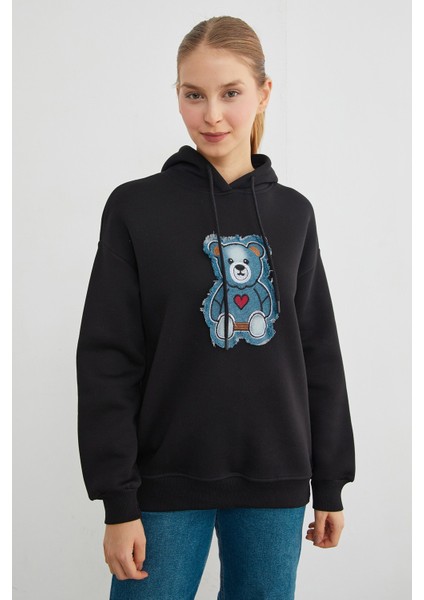 3 Iplik Kot Ayıcık Nakışlı Oversize Kapüşonlu Sweatshirt