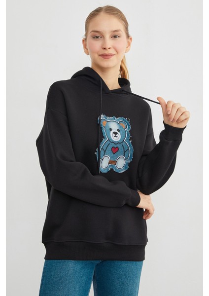 3 Iplik Kot Ayıcık Nakışlı Oversize Kapüşonlu Sweatshirt fiyatları