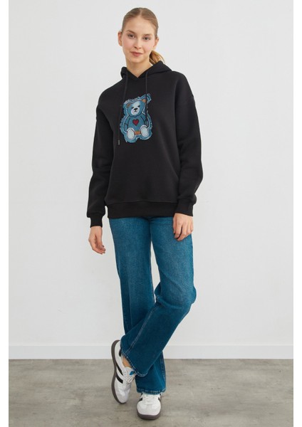 3 Iplik Kot Ayıcık Nakışlı Oversize Kapüşonlu Sweatshirt modelleri