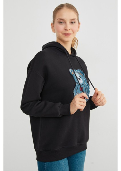 3 Iplik Kot Ayıcık Nakışlı Oversize Kapüşonlu Sweatshirt fırsatları