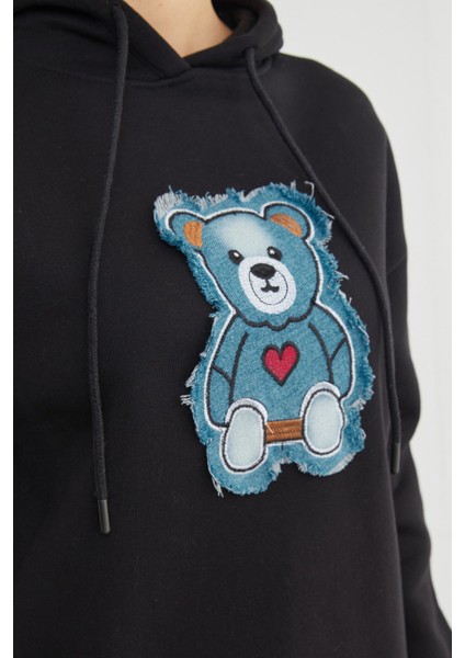 3 Iplik Kot Ayıcık Nakışlı Oversize Kapüşonlu Sweatshirt