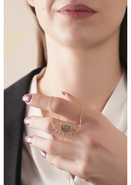 925 Ayar Gümüş, Gold Kaplamalı Renkli Taşlı Göz Kolye