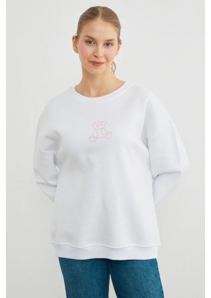 3 Iplik Ayıcık Baskılı Bisiklet Yaka Sweatshirt