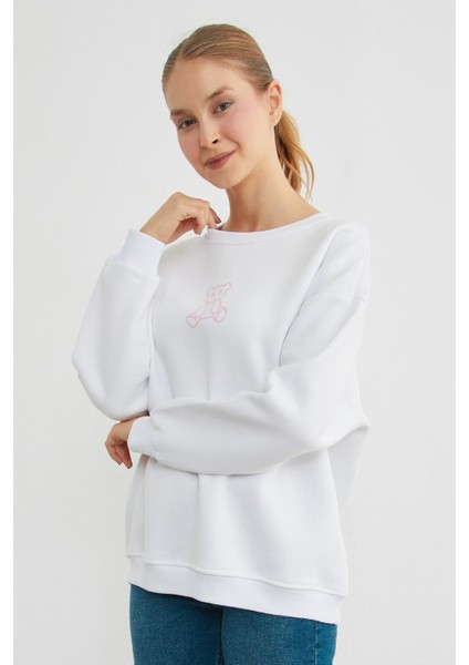 3 Iplik Ayıcık Baskılı Bisiklet Yaka Sweatshirt fırsatları