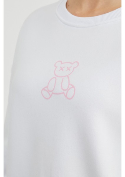 3 Iplik Ayıcık Baskılı Bisiklet Yaka Sweatshirt