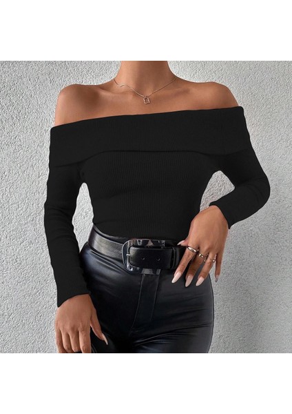 Uzun Kol Madonna Yaka Bluz Siyah
