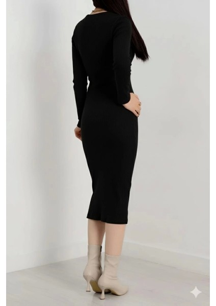 Fermuar Detaylı Fitilli Şardonlu Elbise Siyah A3178 modelleri