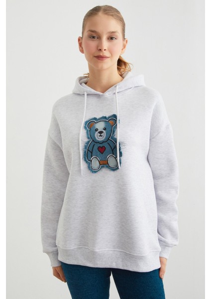 3 Iplik Kot Ayıcık Nakışlı Oversize Kapüşonlu Sweatshirt