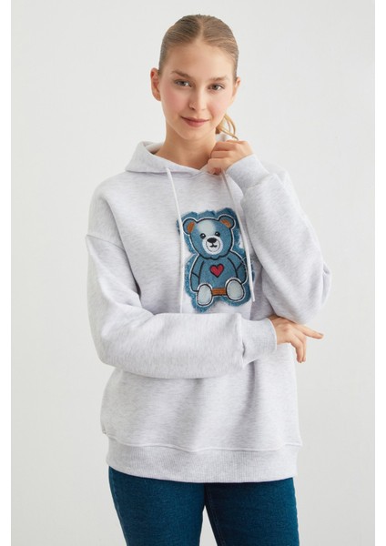 3 Iplik Kot Ayıcık Nakışlı Oversize Kapüşonlu Sweatshirt fiyatları