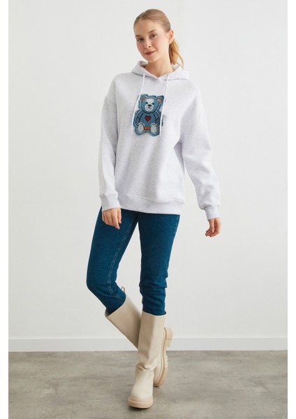3 Iplik Kot Ayıcık Nakışlı Oversize Kapüşonlu Sweatshirt modelleri