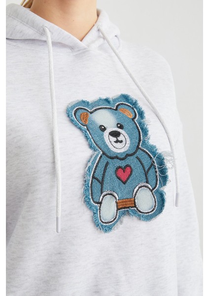 3 Iplik Kot Ayıcık Nakışlı Oversize Kapüşonlu Sweatshirt