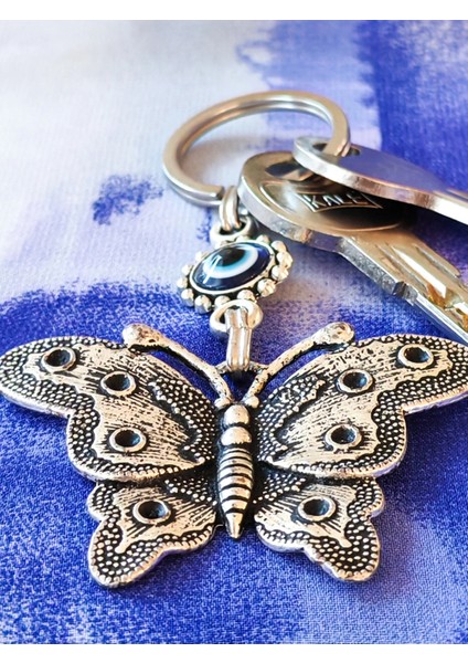 Nazar Boncuklu Kelebek Figürlü Metal Anahtarlık