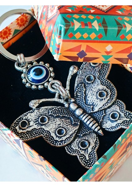 Nazar Boncuklu Kelebek Figürlü Metal Anahtarlık