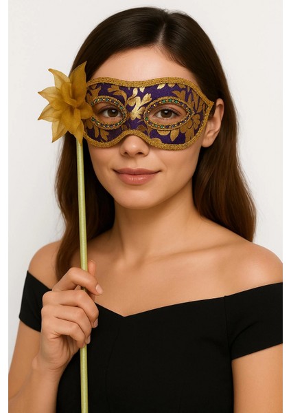 Lüks Taşlı Saplı Maskeli Balo Maskesi Mor Renk 35 cm (4887)