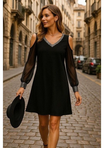 Kadın Uzun Kollu V Yaka Kollar Tül Yırtmaç Detay Kol Manşetleri ve Yaka Payet Krep Elbise modelleri