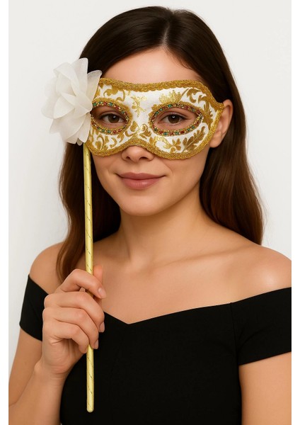 Lüks Taşlı Saplı Maskeli Balo Maskesi Beyaz Renk 35 cm (4887)