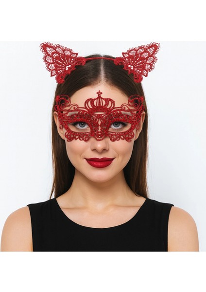 Lüks Kırmızı Dantel Taçlı Maske Seti 2 No - Parti, Balo, Kostüm Aksesuarı (4887)