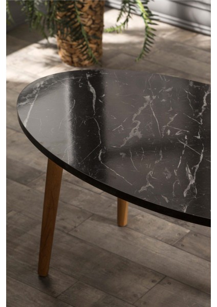 Orta Sehpa Ahşap Torna Elips Siyah Mermer Desen