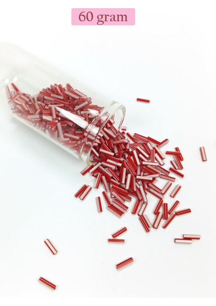 Uzun Boru Kesme Boncuk Çap 2mm Uzunluk 10 mm - 60 Gram - Kırmızı Beyaz - BNC278