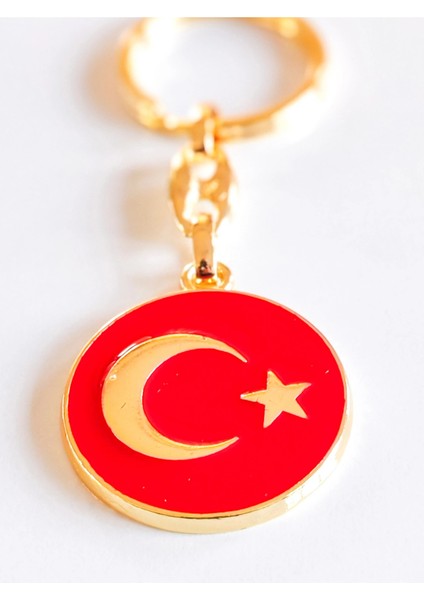 Yuvarlak Kırmızı Zeminde Sarı Altın Renkli Ay Yıldız Figürlü Anahtarlık