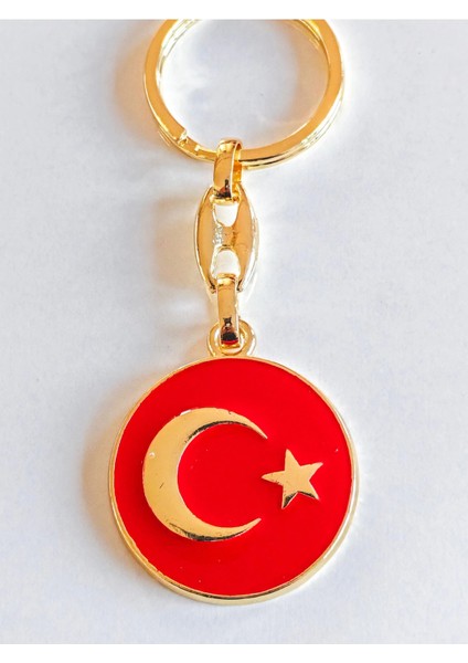 Yuvarlak Kırmızı Zeminde Sarı Altın Renkli Ay Yıldız Figürlü Anahtarlık fiyatları